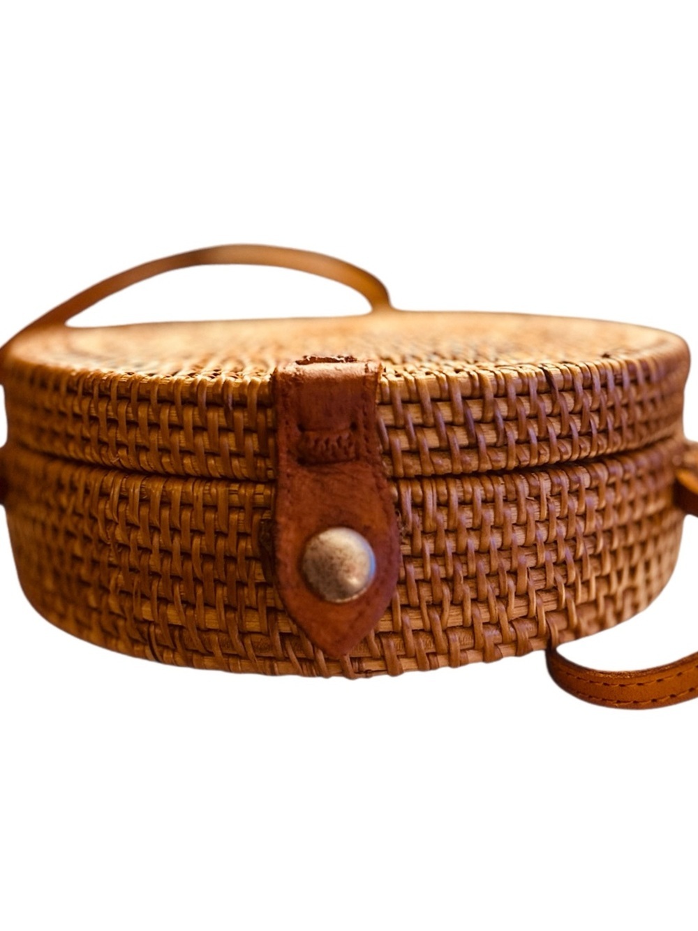 Round Bali Rattan Crossbody Bag Boho Woven Straw Purse Batik Lined Beach Bag